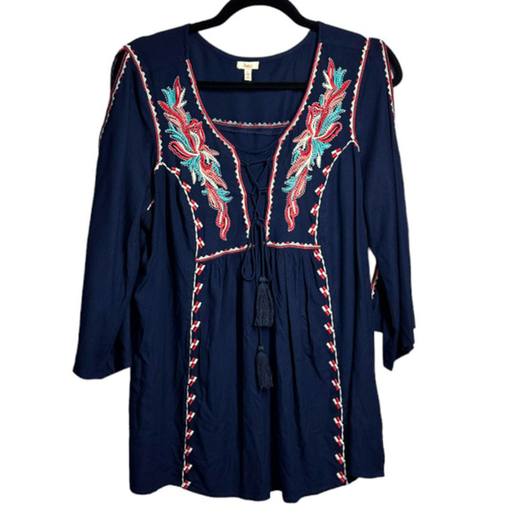 Reba Slit Sleeve Embroidered Navy India Tie Front Bohemian Hippie Tunic Size L - Picture 1 of 9